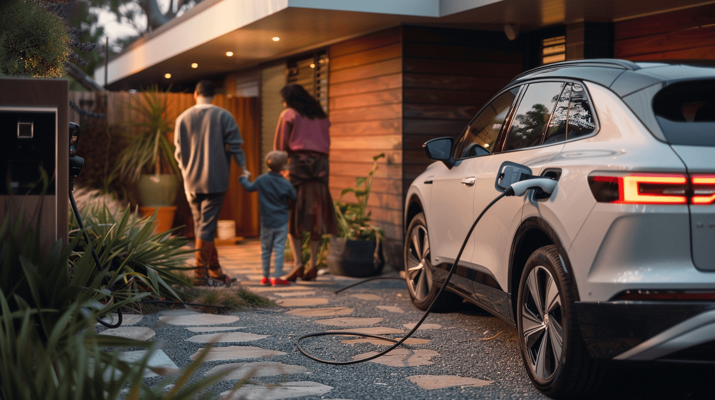 Electric car charging in a driveway